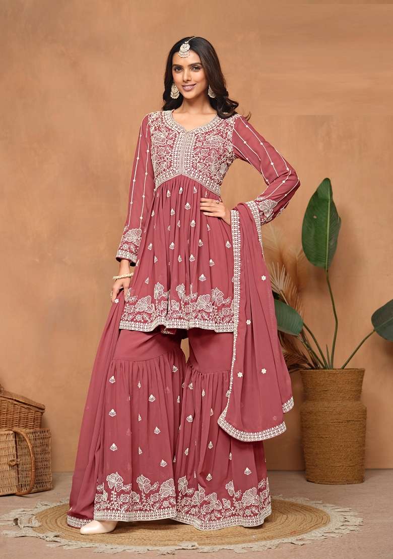 Brown Embroidered Georgette Pakistani Suit Set - Indya