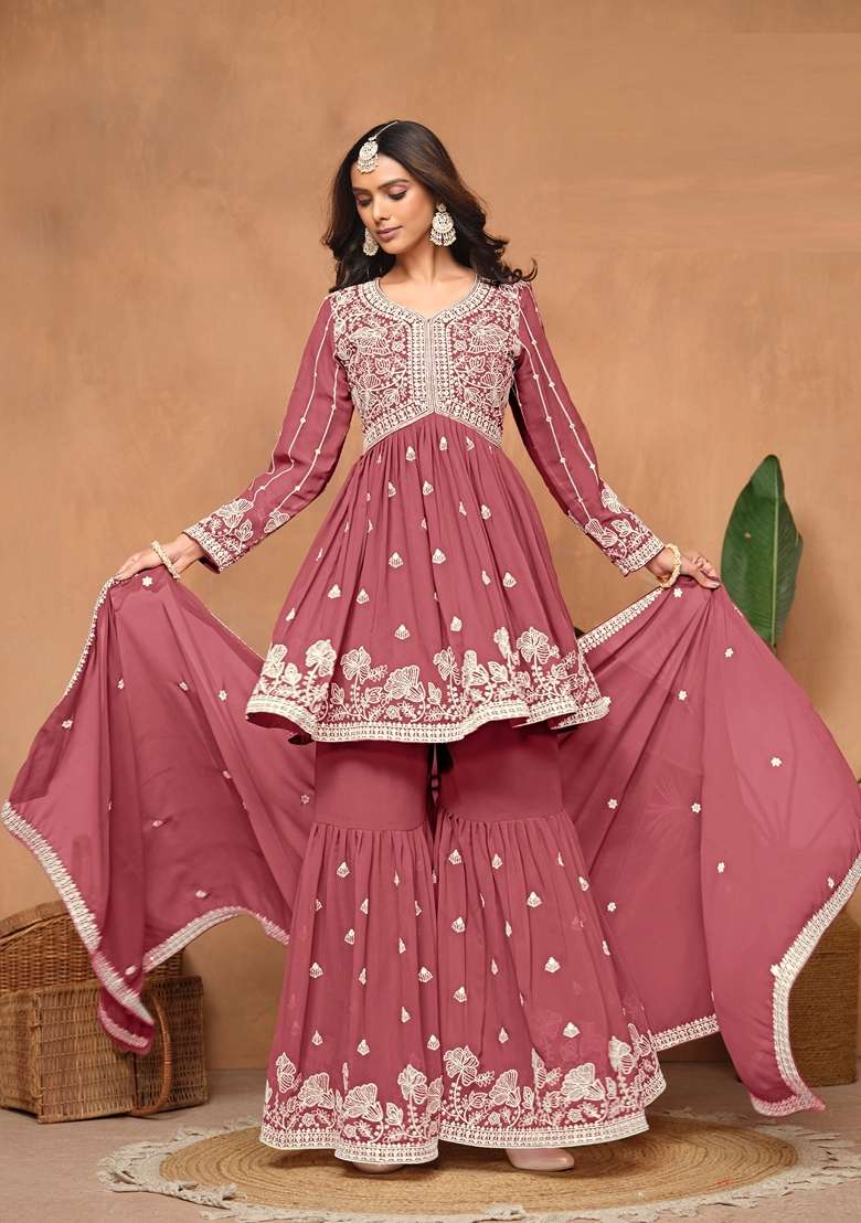 Brown Embroidered Georgette Pakistani Suit Set - Indya