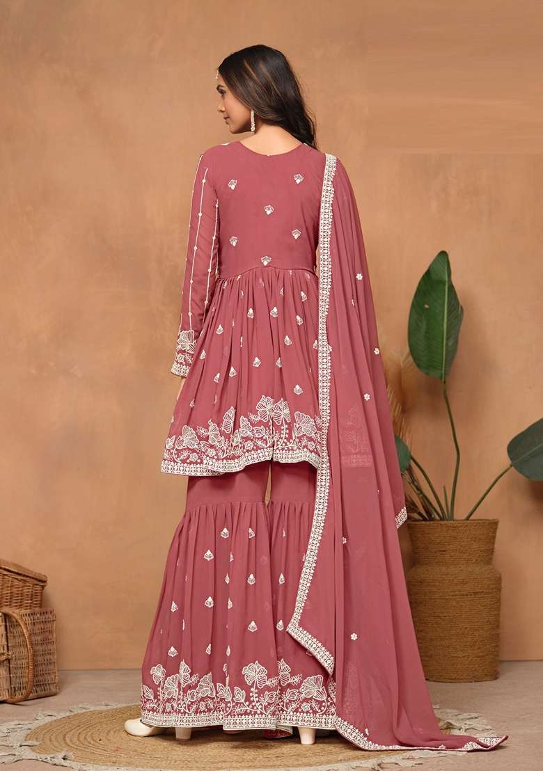 Brown Embroidered Georgette Pakistani Suit Set - Indya