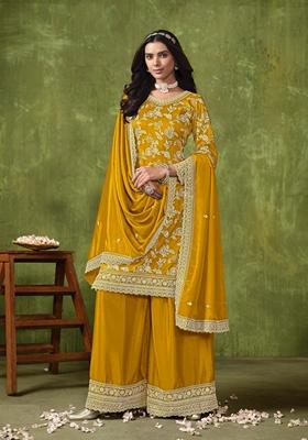 Yellow Embroidered Pure Silk Kurta Set