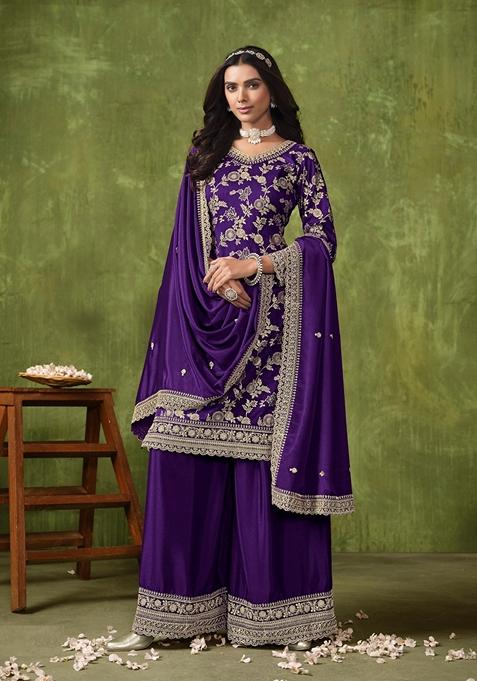Purple Embroidered Pure Silk Kurta Set