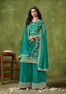 Cyan Embroidered Pure Silk Kurta Set