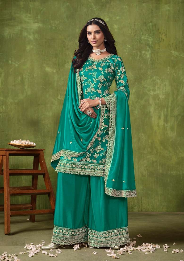 Cyan Embroidered Pure Silk Kurta Set - Indya