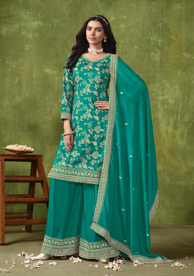 Cyan Embroidered Pure Silk Kurta Set