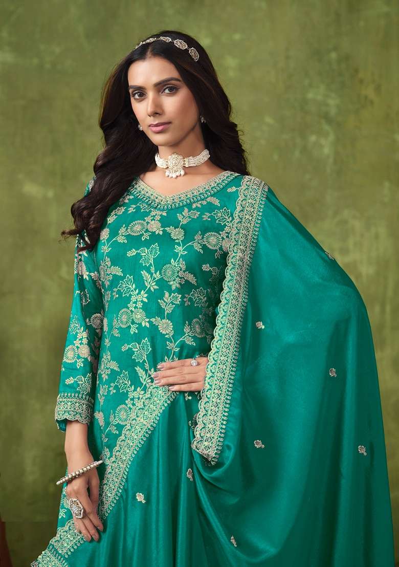 Cyan Embroidered Pure Silk Kurta Set - Indya