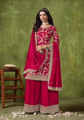 Red Embroidered Pure Silk Kurta Set