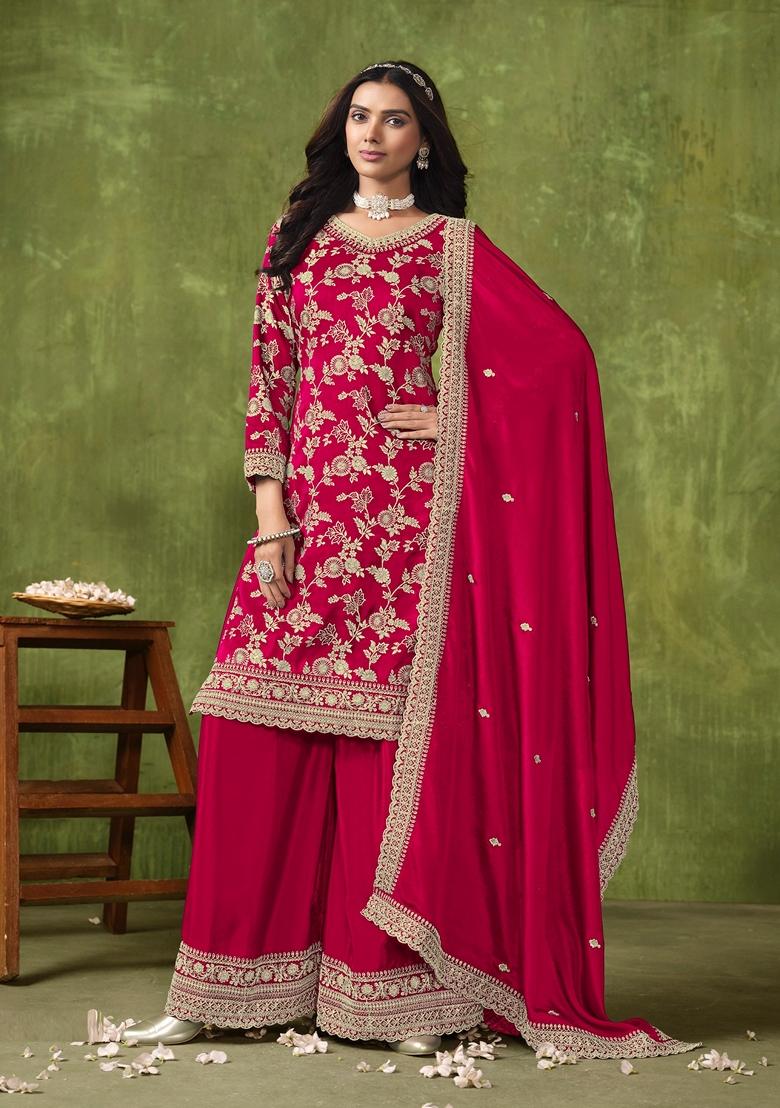 Red Embroidered Pure Silk Kurta Set