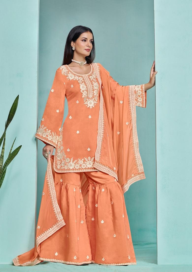 Orange Embroidered Chanderi Silk Kurta Set