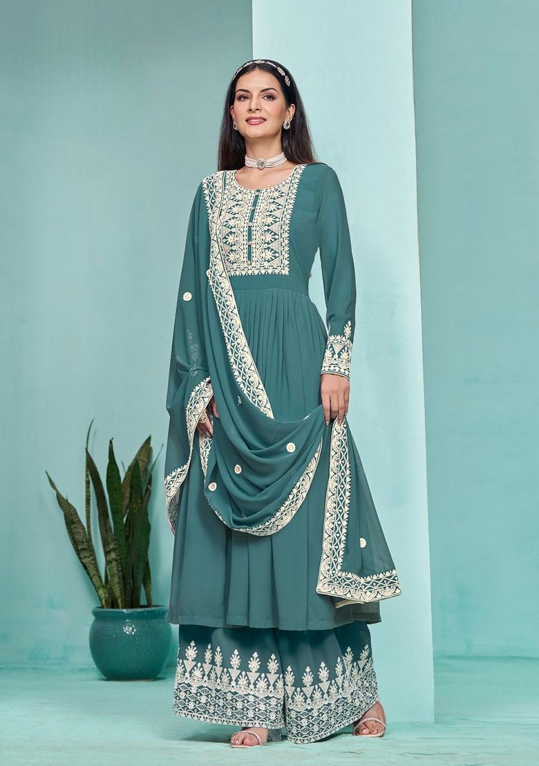 Teal Embroidered Faux Georgette Kurta Set