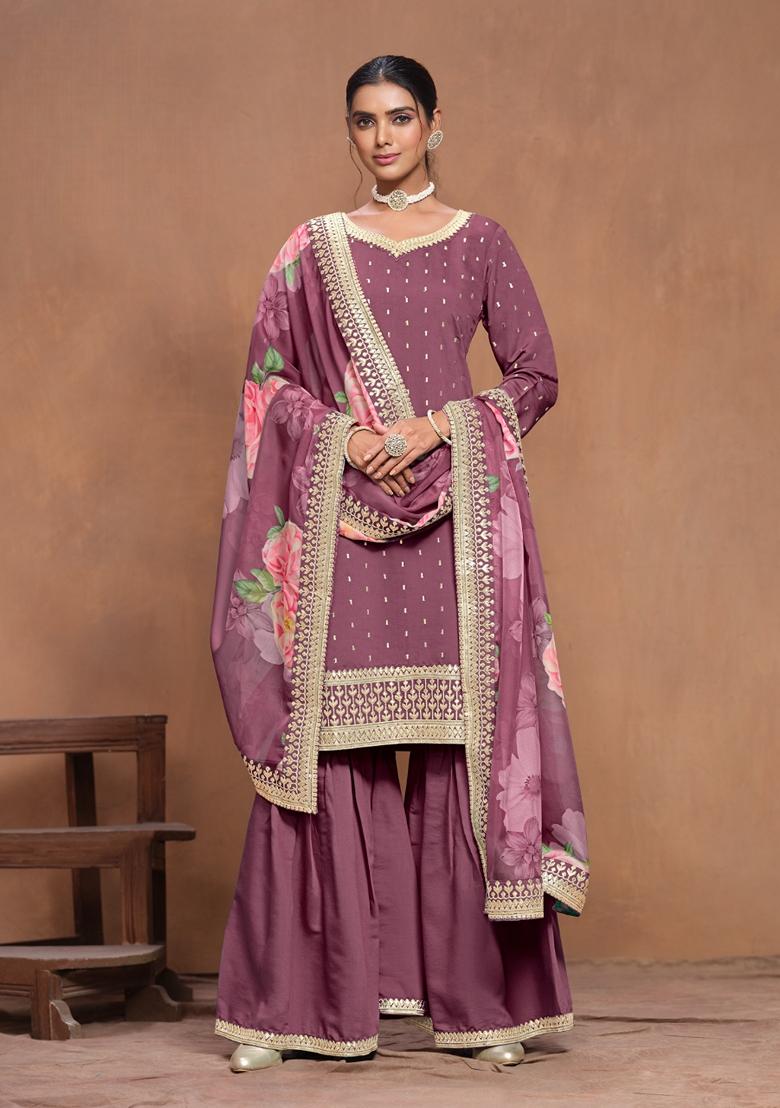 Purple Embroidered Chanderi Silk Kurta Set