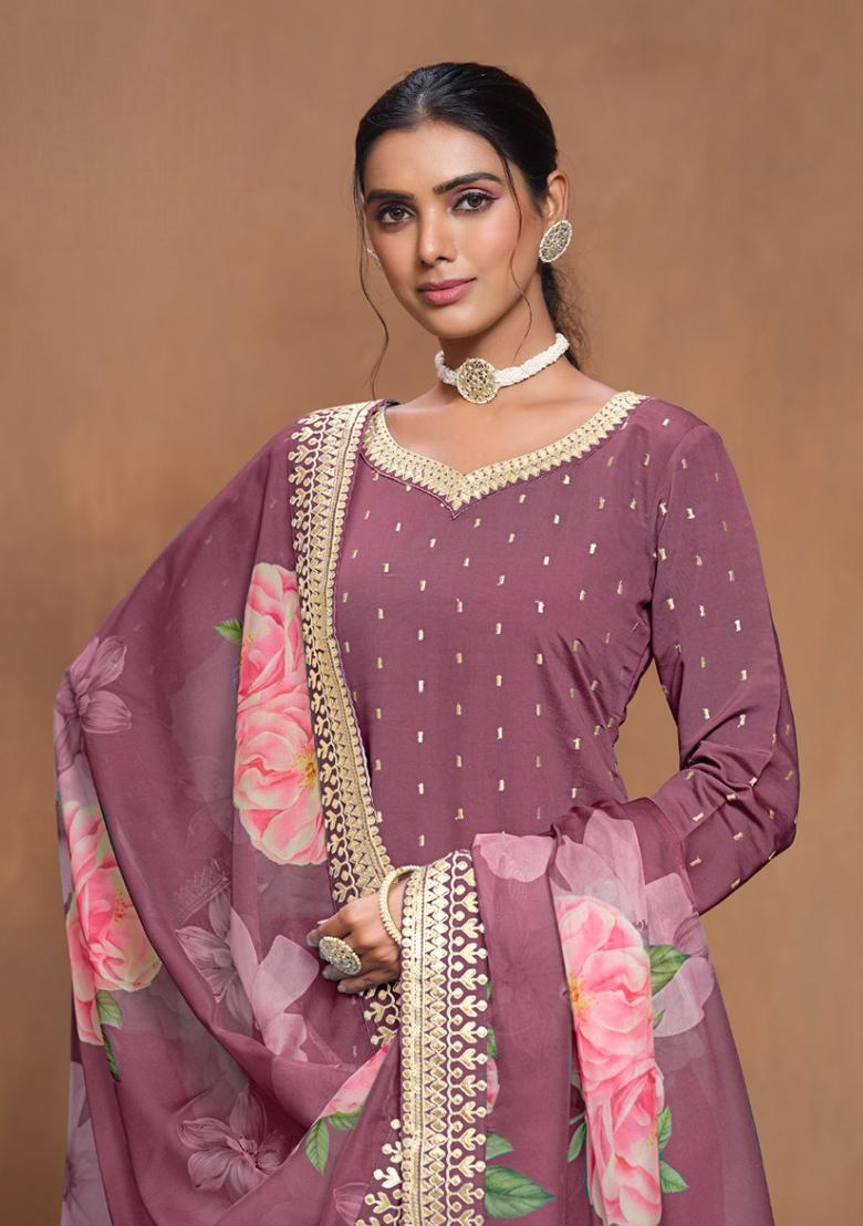 Purple Embroidered Chanderi Silk Kurta Set