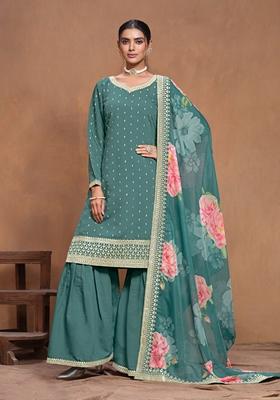 Teal Embroidered Chanderi Silk Kurta Set
