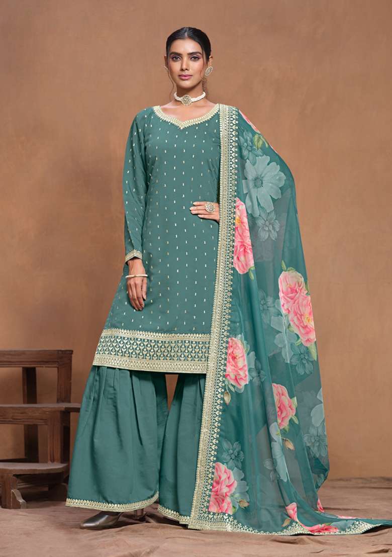 Teal Embroidered Silk Pakistani Suit Set - Indya