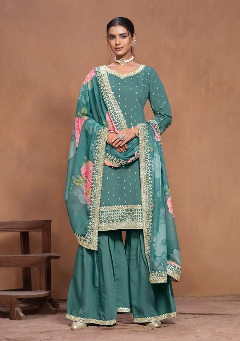 Teal Embroidered Silk Pakistani Suit Set - Indya