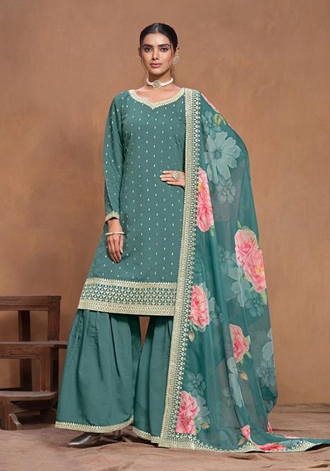 Teal Embroidered Chanderi Silk Kurta Set