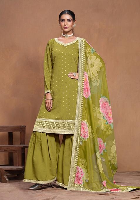 Green Embroidered Chanderi Silk Kurta Set