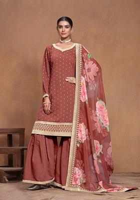 Dark Peach Embroidered Chanderi Silk Kurta Set