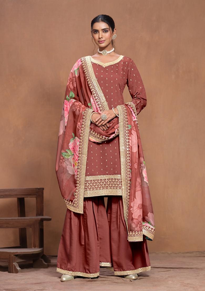 Dark Peach Embroidered Chanderi Silk Kurta Set