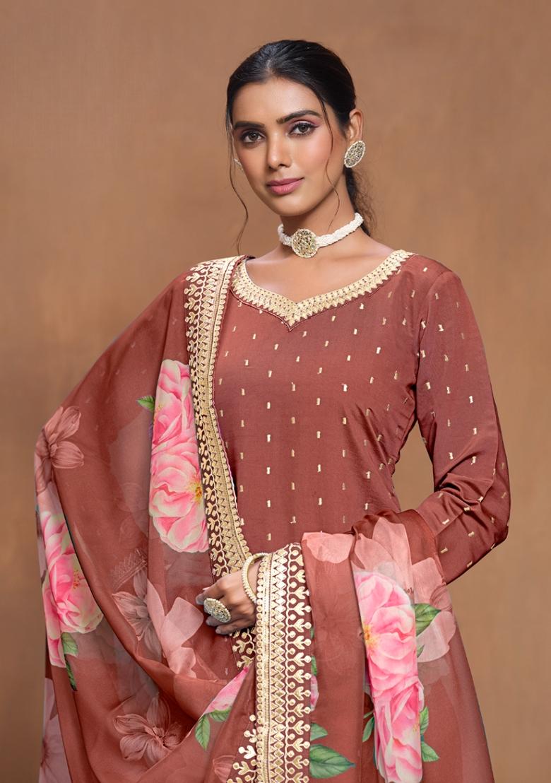 Dark Peach Embroidered Chanderi Silk Kurta Set