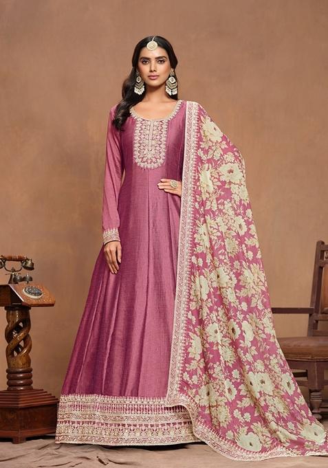 Pink Embroidered Art Silk Kurta Set