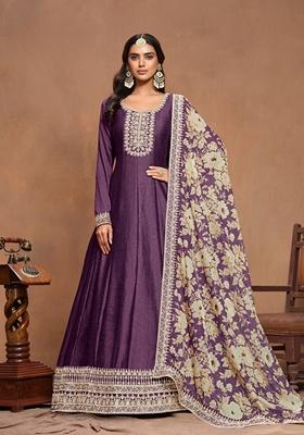 Purple Embroidered Art Silk Kurta Set