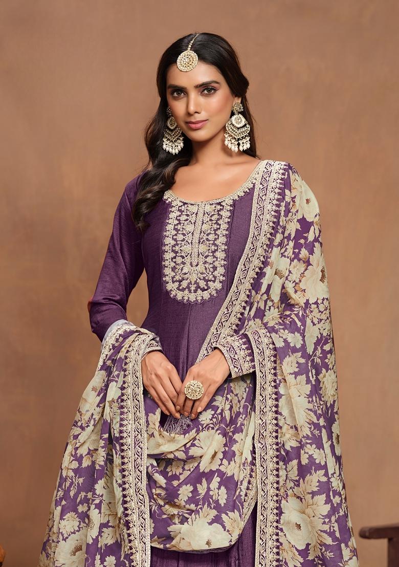 Purple Embroidered Art Silk Kurta Set