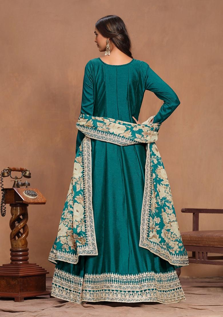 Teal Green Embroidered Art Silk Kurta Set