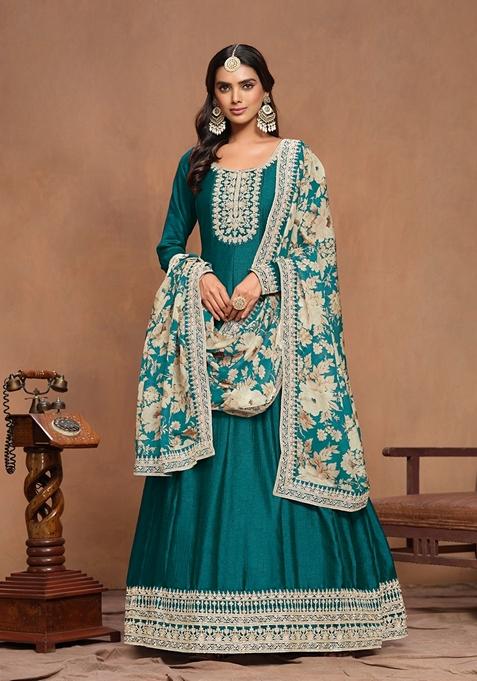 Teal Green Embroidered Art Silk Kurta Set