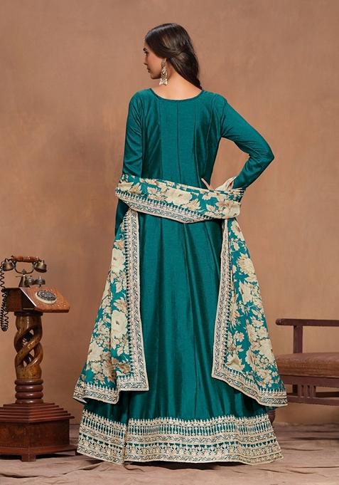 Teal Green Embroidered Art Silk Kurta Set