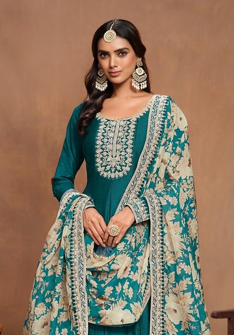 Teal Green Embroidered Art Silk Kurta Set