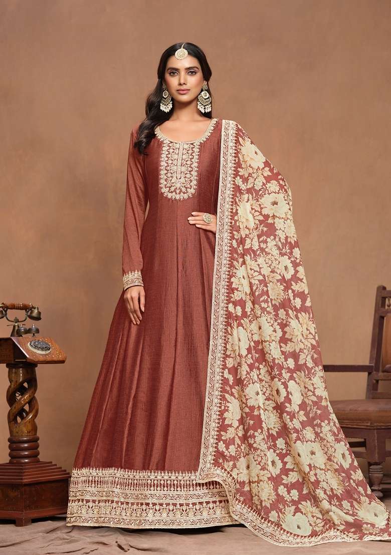 Coffee Brown Embroidered Silk Blend Pakistani Suit Set - Indya