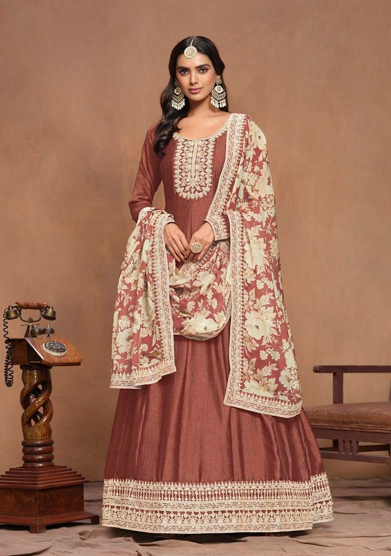 Coffee Brown Embroidered Silk Blend Pakistani Suit Set - Indya