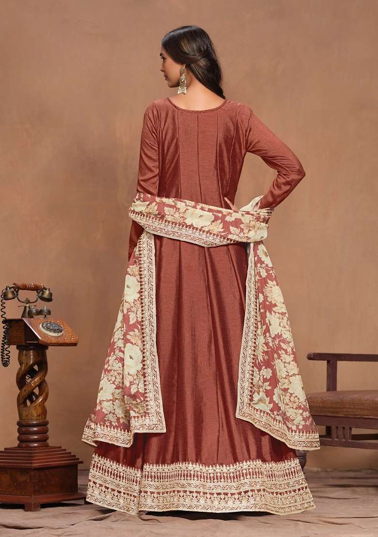 Coffee Brown Embroidered Silk Blend Pakistani Suit Set - Indya