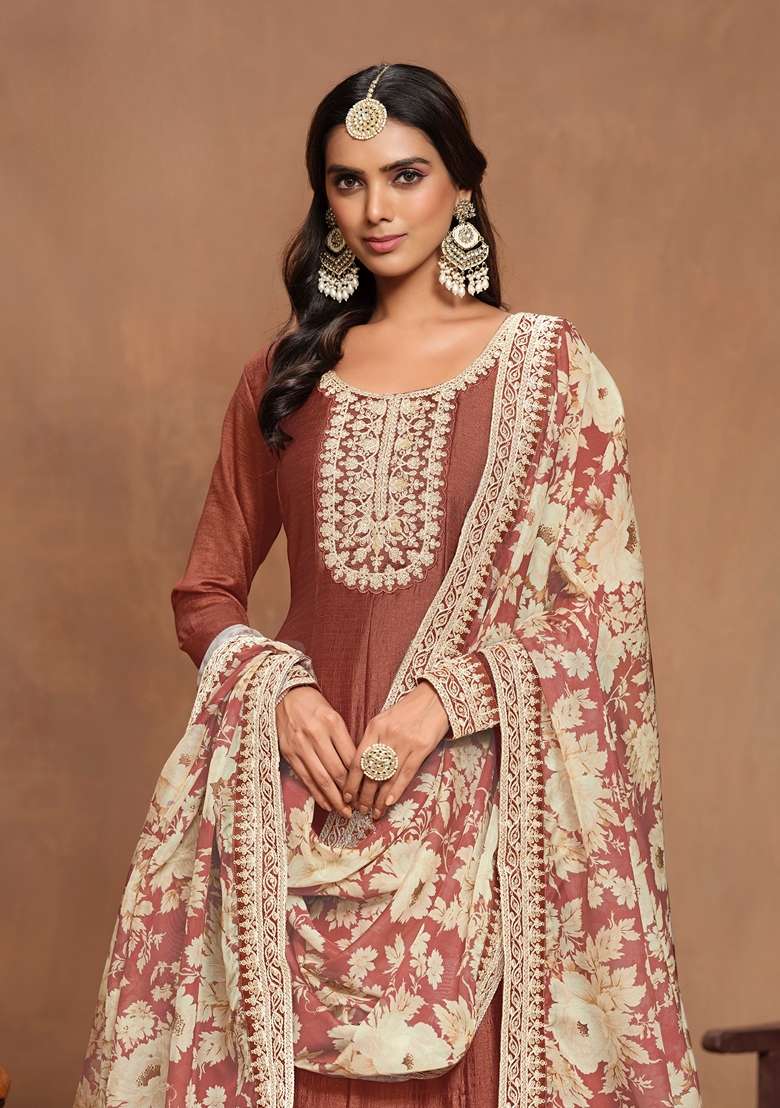 Coffee Brown Embroidered Silk Blend Pakistani Suit Set - Indya