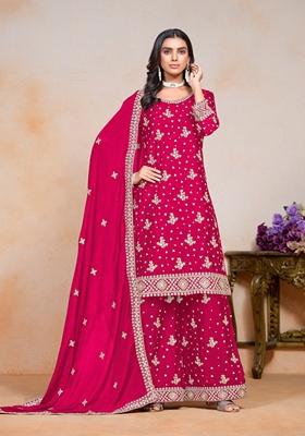 Rani Pink Embroidered Silk Kurta Set