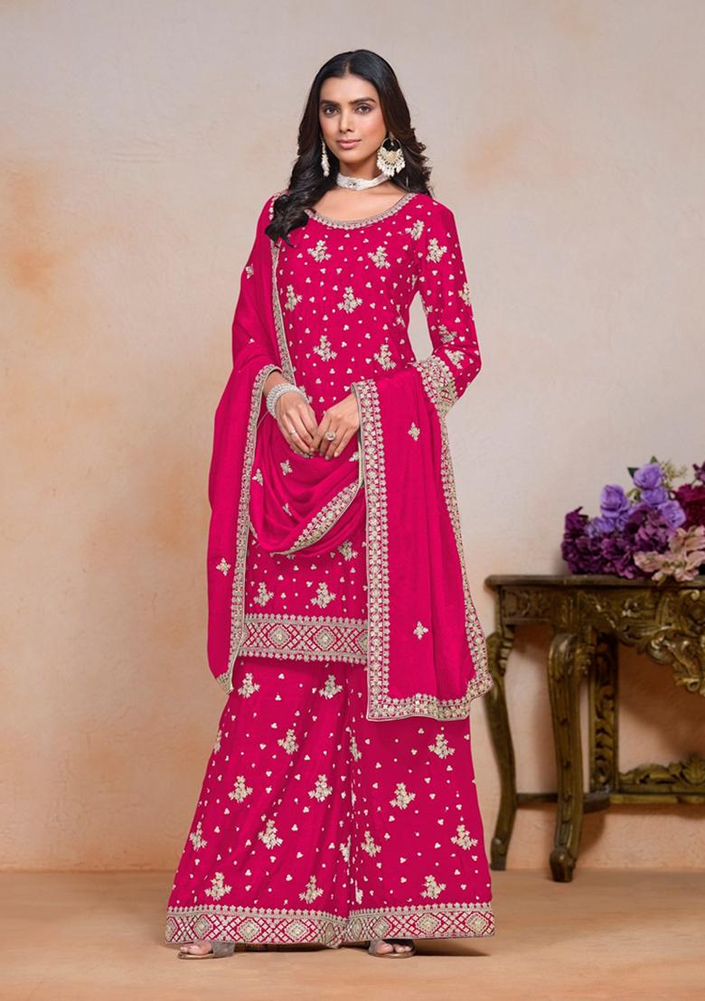 Rani Pink Embroidered Silk Kurta Set