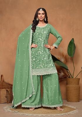 Green Embroidered Pure Silk Kurta Set