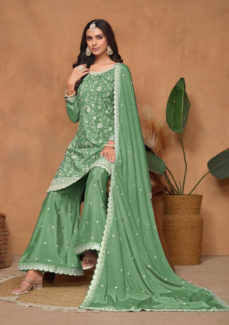 Green Embroidered Pure Silk Kurta Set