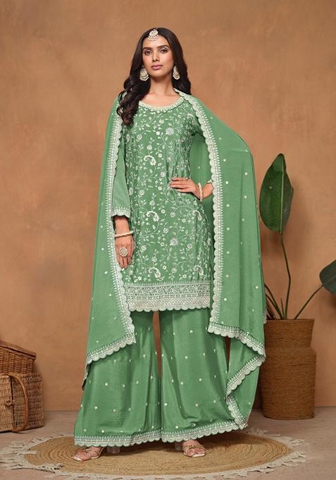 Green Embroidered Pure Silk Kurta Set