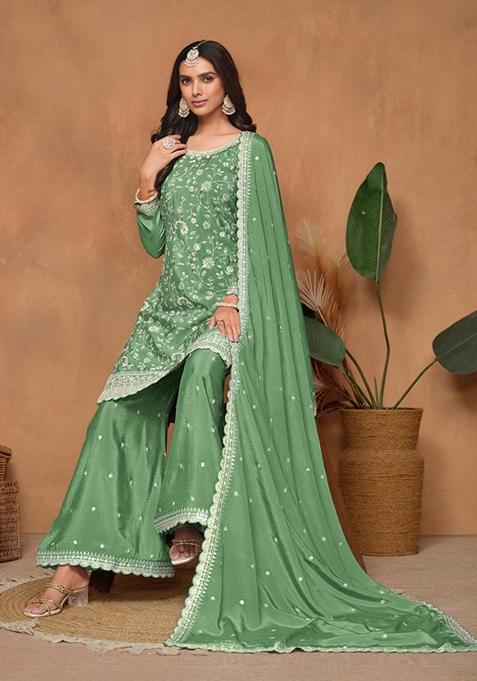 Green Embroidered Pure Silk Kurta Set
