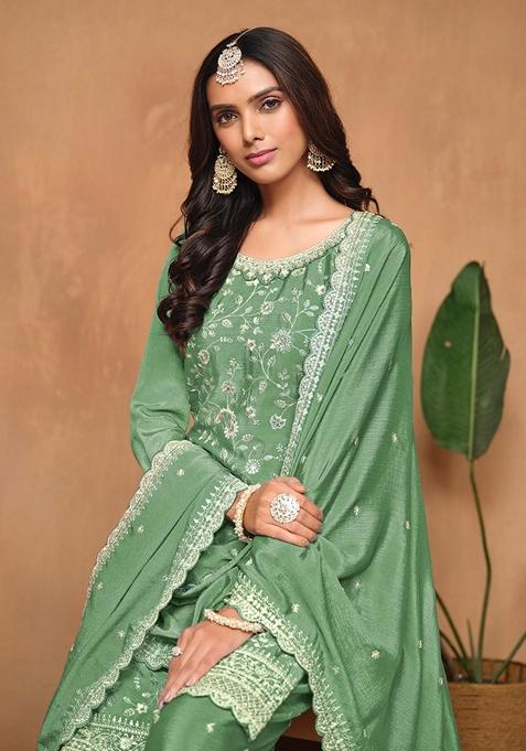 Green Embroidered Pure Silk Kurta Set