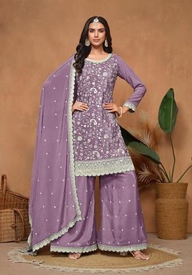 Lavender Embroidered Pure Silk Kurta Set