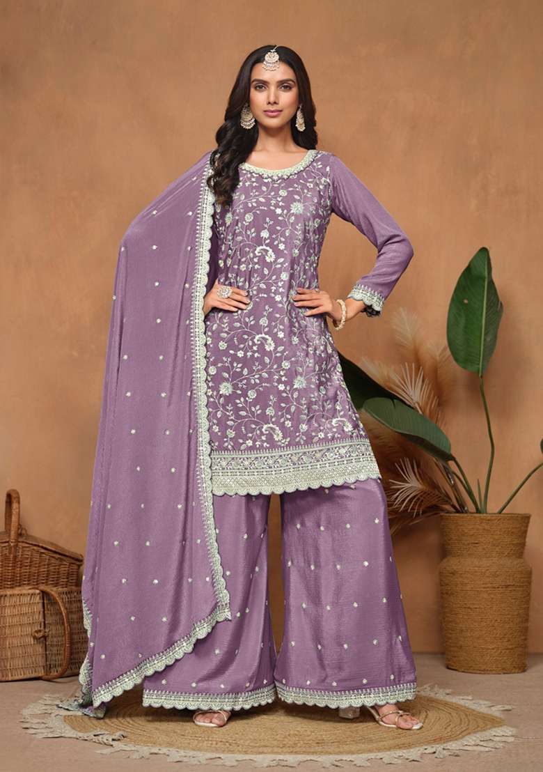 Lavender Embroidered Silk Blend Pakistani Suit Set - Indya
