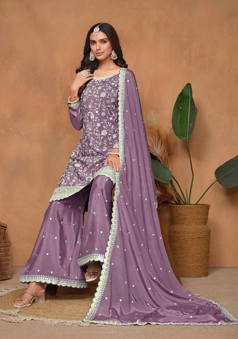 Lavender Embroidered Silk Blend Pakistani Suit Set - Indya