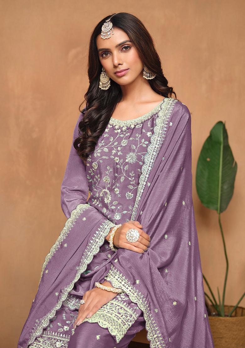Lavender Embroidered Pure Silk Kurta Set