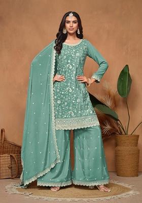 Aqua Blue Embroidered Pure Silk Kurta Set