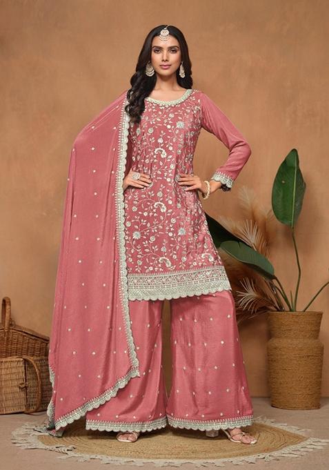 Peach Embroidered Pure Silk Kurta Set