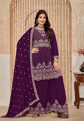 Purple Embroidered Pure Silk Kurta Set