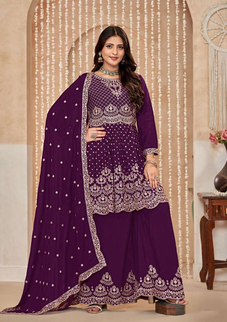 Purple Embroidered Silk Pakistani Suit Set - Indya