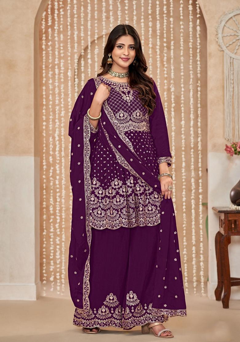 Purple Embroidered Pure Silk Kurta Set